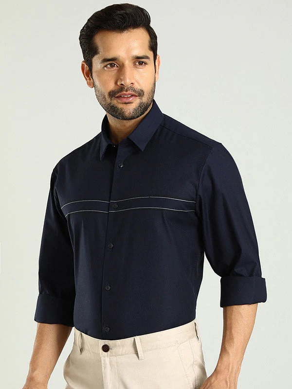 Indian Terrain Men's Regular Fit Full Sleeve Striped Navy Shirt